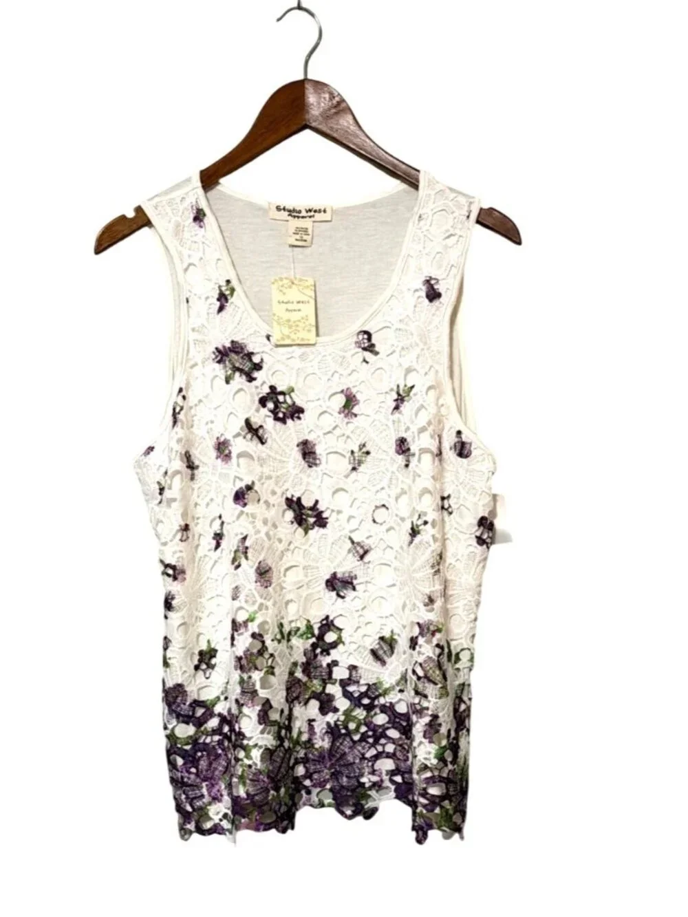 NWT Studio West White & Purple Floral Lace Tank Top 1X Rayon/Spandex Sleeveless - Picture 1 of 5
